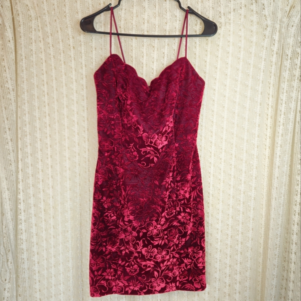 (NEW) LA Glo Velvet Brocade Mini Dress Burgundy Vintage Size 3/4
